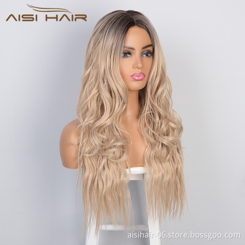 Aisi Hair Wholesale Cheap Vendor Ombre Blonde Body Wave Wigs Long Wavy Lace Frontal Wigs Synthetic Hair Wigs For Black Women